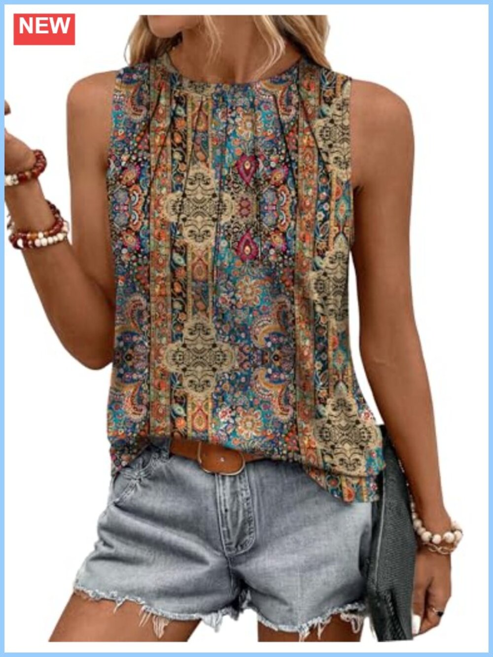 Women's Pleated High Neck Tank Top Loose Fit Flowy Sleeveless Tunic Blouse
